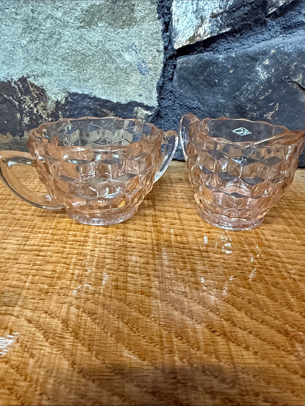 Pink Glass Creamer and Sugar Set with Honeycomb Texture